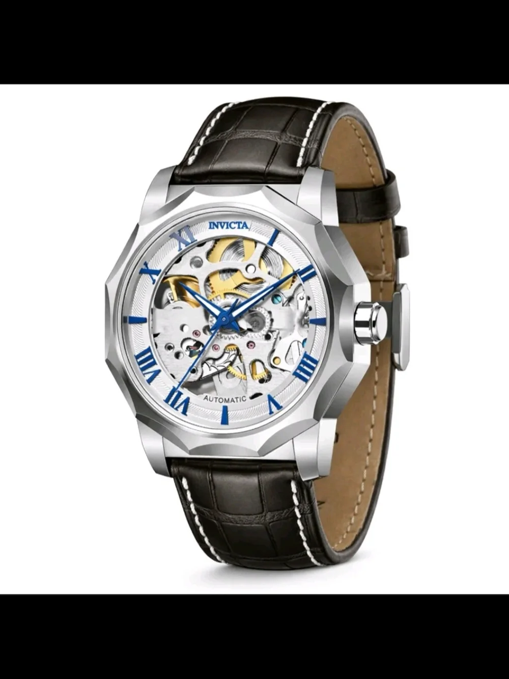 Invicta Men's Skeleton Automatic Watch - Blue Accents, Brown Strap